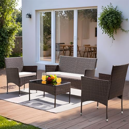 Greesum Patio Furniture 4 Pieces Conversation Sets Outdoor Wicker Rattan Chairs Garden Backyard Balcony Porch Poolside loveseat with Cushion and Glass Table, Brown and Beige