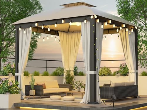 Patio Gazebo 10x10, Outdoor Gazebos, Heavy Duty Gazebo Soft Top Gazebos, Double Roofs Anti-UV Shelter with Privacy Curtains and Netting for Patio Deck Backyard Garden Lawns