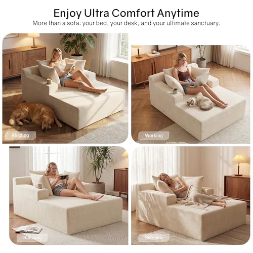 66" Chaise Lounge Chair Indoor, Oversized Boneless Lounge Chair with 3 Pillows, Chenille Cloud Reading Chair for Living Room Bedroom, Deep Seat Sleeper Couch, No Assembly Required