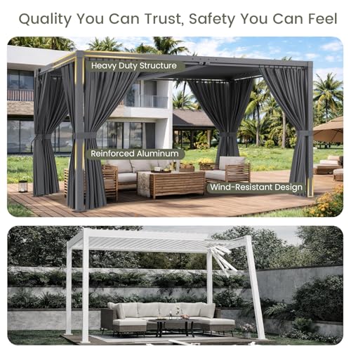 SAILARY Louvered Pergola 12' x 16' with Waterproof Curtains, Outdoor Aluminum Pergola with Reinforced Steel Roof, Heavy-Duty Hardtop Gazebo, Privacy Shaded Shelter, Grey