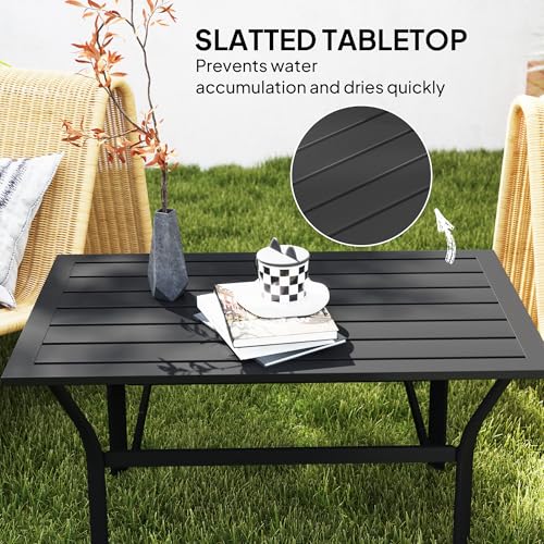 Outsunny Outdoor Coffee Table, All-Weather Rectangle Metal Patio Coffee Table with Slatted Tabletop for Outside, Patio, Garden, Balcony, Backyard, Black