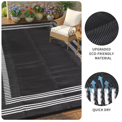 Garvee Waterproof Outdoor Rug 9x12, Scalloped Geometric Foldable Plastic Straw Patio Camping Rug, Outdoor RV Carpet for Deck Camper Porch Balcony Backyard Picnic Beach Black and White