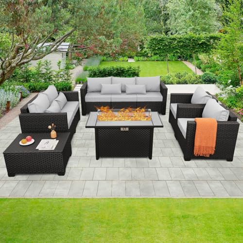 Rattaner 6 Pcs Outdoor Furniture Sets Patio Furniture Set with 45" Fire Pit Patio Couch Outdoor Chairs 60000 BTU Steel Propane Fire Pit Table No-Slip Cushions and Waterproof Covers, Light Grey