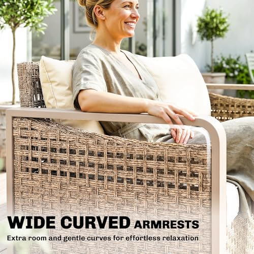 Outsunny Outdoor Patio Couch with Wide and Deep Seat, 3 Seater Wicker Outdoor Sofa with Wide Metal Armrests, Patio Furniture Couch with Cushions for Porch, Garden, Backyard, Beige