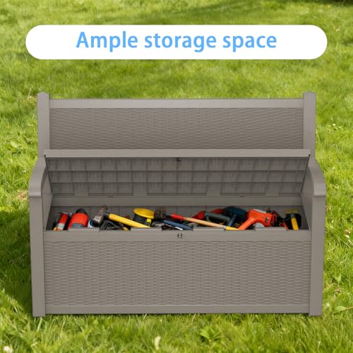 Pepe Tee 80 Gallon Outdoor Storage Bench, Resin Deck Box with Backrest and Armrests, All-Weather Seating, Coffee