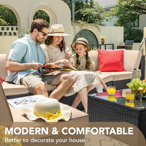 Devoko 7 Pieces Outdoor Sectional Sofa Patio Furniture Sets Manual Weaving Wicker Rattan Patio Conversation Sets with Cushion and Glass Table (Beige)
