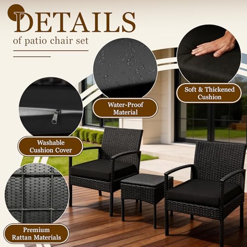 PROHIKER 3 PCS Patio Rattan Conversation Bistro Chairs Set, Outdoor Patio Furniture Wicker Bistro Set with Coffee Table for Garden Porch Balcony Yard Lawn, Black