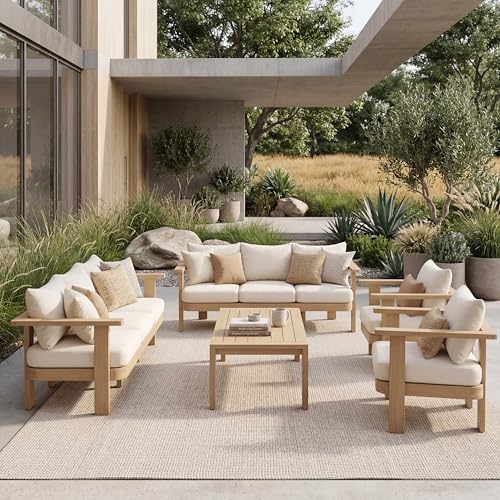 Christopher Knight Home Zunzi 8-Seater Patio Furniture Set with Removable Cushion, 5 Piece Outdoor Acacia Wood Conversation Set, Wooden Outdoor Sectional Sofa Set with Coffee Table, Cream+Light Teak