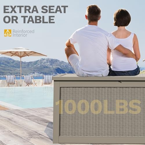 DWVO 320 Gallon Resin Outdoor Storage Box, XXL Large Waterproof Deck Box, Doubles as Table or Seating with 1000 lbs Capacity, Lockable (Brown)