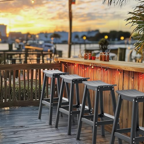 VINGLI 29" Outdoor Bar Stools Set of 2, HDPE Poly Lumber Bar Chairs with Footrest, Weather Resistant Patio Barstools for Bar, Kitchen Counter, Yard (Gray, 29 Inch 2 PC)