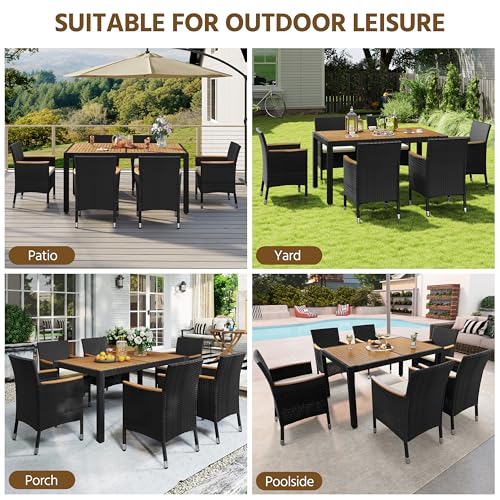 Yaheetech 7 Piece Patio Furniture Set, Outdoor Dining Acacia Wood Table Top Rattan Conversation Set with Soft Cushions, 6 Chairs & 1 Table for Backyard, Deck, Garden & Yard, Black/Beige