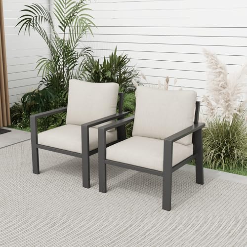VONZOY Outdoor Sofa Chair Aluminum Patio Couch Set of 2 All-Weather Patio Sofa Armchair Furniture Set Chairs with Beige Cushions