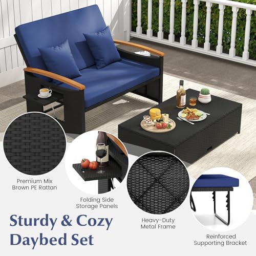 COSTWAY Patio Rattan Daybed, Outdoor Loveseat Sofa with Storage Ottoman, 4-Level Adjustable Backrest & Acacia Wood Armrest, Outdoor Wicker Daybed with Side Panels for Yard, Deck, Poolside (Black&Navy)