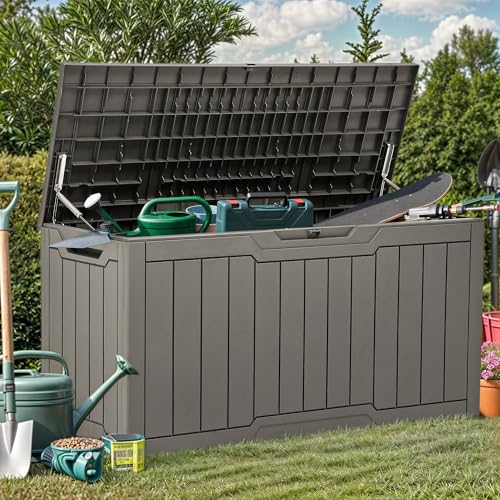 YITAHOME 80 Gallon Resin Deck Box, Waterproof Outdoor Storage Box, Lockable Indoor Outdoor Storage Bench for Supplies and Essentials, Taupe