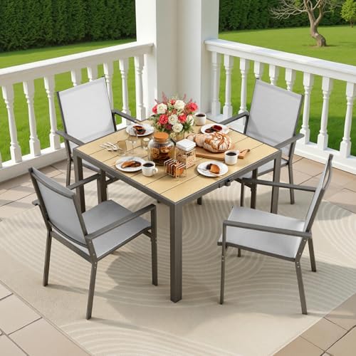 Ahomly Patio Table and Chairs Set for 4, All-Weather Outdoor Dining Set with Umbrella Hole, Outdoor Table and Chairst for Patio, Lawn, Garden, or Deck, Rustproof Steel Frame, Grey
