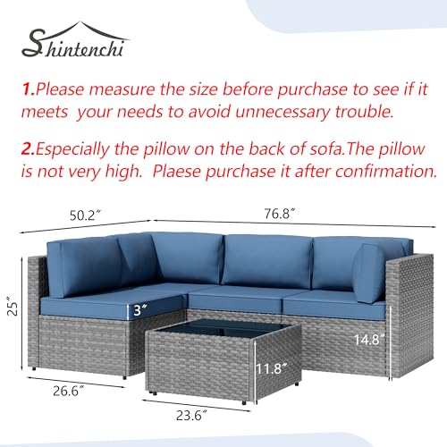 Patio Furniture Sets, 5 Piece Outdoor Sectional Sofas, Wicker Rattan Outdoor Furniture Patio Conversation Set, All-Weather PE Rattan Outdoor Couch for Backyard, Garden, Gray & Aegean Blue