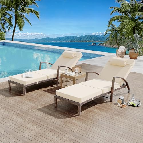GarveeLife 2-Piece Rattan Patio Folding Chaise Lounge, 5-Position Adjustable Backrest Outdoor Lounge Chair with Cushion and Pillow for Poolside, Backyard, Deck, Porch, Beige