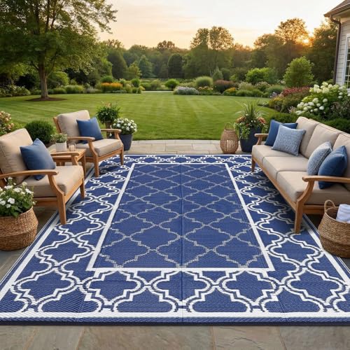 Garvee Reversible Outdoor Rug 5x8, Waterproof Outdoor Plastic Straw Rug with Interlacing Pattern, RV Mat for Picnics, Patio, Camping, Balcony, Deck, Backyard, Porch, Blue