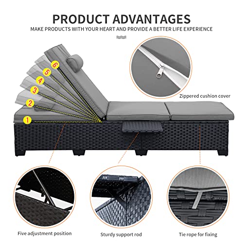 WAROOM Outdoor Chaise Lounge Chairs for Outside Patio Furniture Set of 2 Wicker Recliner Black Rattan Sunbathing Lounger Adjustable Backrest Pool Reclining Chair, Grey Cushion