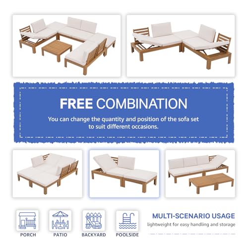 SUNSITT 6 Piece Acacia Wood Patio Furniture Outdoor Sectional Sofa Set with Adjustable Armrest, FSC Certified L-Shaped Patio Set w/2-in-1 Coffee Table, Cream White Cushions for Garden