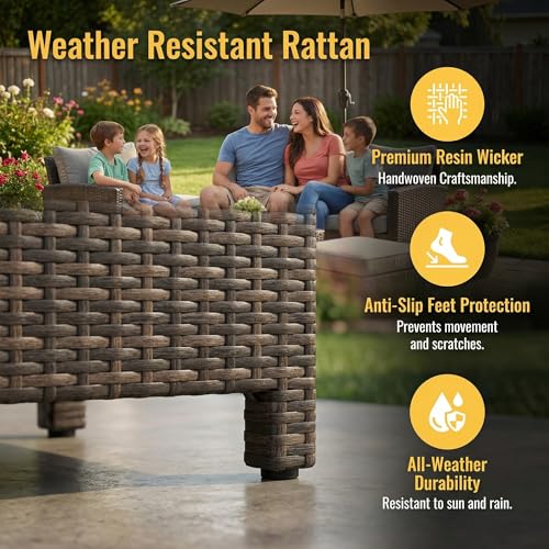 Patio Furniture Set, 7 Piece High Curved Back Outdoor Dining Sectional Sofa, All Weather Wicker Conversation Set with Ottoman