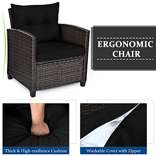 Tangkula 3 Pieces Patio Furniture Set, PE Rattan Wicker 3 Pcs Outdoor Sofa Set w/Washable Cushion and Tempered Glass Tabletop, Conversation Furniture for Garden Poolside Balcony (Black)