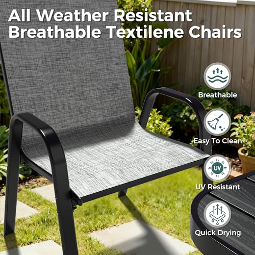 Pamapic Outdoor Dining Sets for 6, Rectangular Steel Slat Table with 6 Textilene Chairs, 7 Piece Patio Table and Chairs Set with Umbrella Hole for Patio, Garden, Backyard and Poolside (Grey)