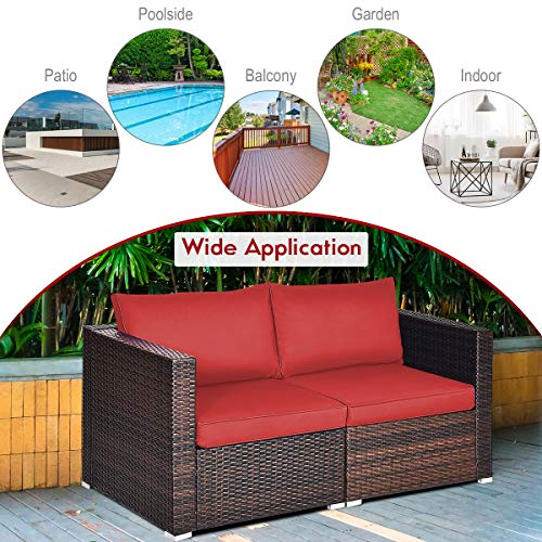 Tangkula 2 Seat Outdoor Wicker Loveseat Sofa Set, Modular PE Rattan 2 Pieces Outdoor Wicker Corner Sofa, Outside Furniture Set for Deck, Backyard, Porch, Garden & Poolside, Red