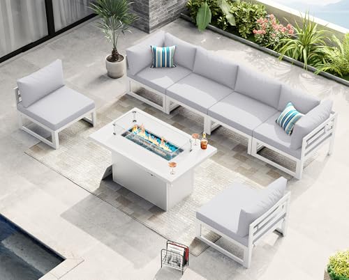 NICESOUL 7 Piece White Powder-Coated Aluminum Patio Furniture with Fire Pit Table, 29 Inch Extra Wide Outdoor Sectional Sofa for 6, High-End Heavy Duty L-Shaped Large Couch for Backyard, Light Gray