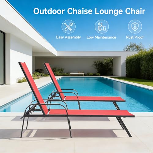 DUMOS Outdoor Lounge Chaise Set of 2 for Poolside Patio, 5-Position Chaise with Armrest, Sun Tanning Chair 350 lbs Heavy Duty Patio Pool Chair, Waterproof Lounge for Deck,Backyard, Beach, Red