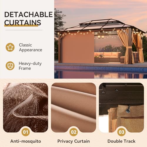 Aoxun 12'x16' Hardtop Gazebo, Outdoor Metal Gazebo with Double Polycarbonate Roof Canopy, Permanent Pavilion with Netting and Curtains for Lawn, Garden, Patio (Brown)