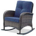 Belord Patio Rocking Chair Wicker Chair, 1 Piece Outdoor Rocking Chair Seating with Cushions for Porch Deck Balcony, Brown/Blue