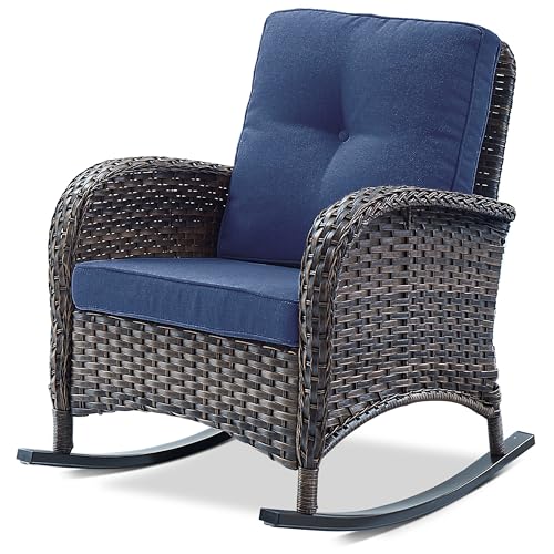 Belord Patio Rocking Chair Wicker Chair, 1 Piece Outdoor Rocking Chair Seating with Cushions for Porch Deck Balcony, Brown/Blue