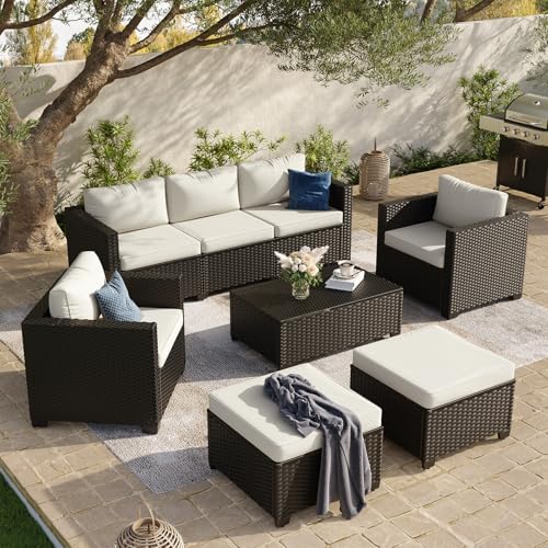 Aoxun 8 Piece Outdoor Patio Furniture Set 7 Seats, Outdoor Sectional with Thick Waterproof Cushions, Patio Conversation Sets for Garden,Backyard, Porch, Balcony, Deck, Black & Beige