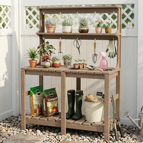 Polyhouz Outdoor Potting Bench with 3 Tier, All-Weather Patio Potting Table with Tool Hooks, HDPE Gardening Table for Backyard, Garden, Brown