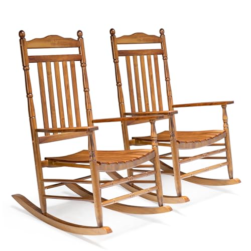 VINGLI Wooden Rocking Chair, Outdoor Chair with 450 lbs Support, Relaxing Rocker with Solid Wood High Back Seat Reclining Seat for Deck, Garden, Backyard, Porch, Indoor or Outdoor Use (Teak, 2PCS)