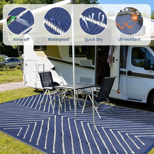 Garvee Striped 5x8 Outdoor Rug Waterproof Reversible Patio Mat, Portable Lightweight Plastic Straw Camping Rug for RV, Balcony, Backyard, Porch, Beach, Picnic, UV Protected & Easy Clean, Navy & White