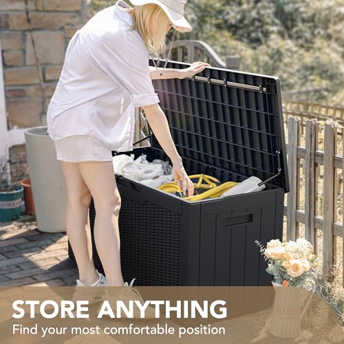 Devoko 100 Gallon Waterproof Large Resin Deck Box Indoor Outdoor Lockable Storage Container for Patio Furniture Cushions Garden Tools (100 Gallon, Black)