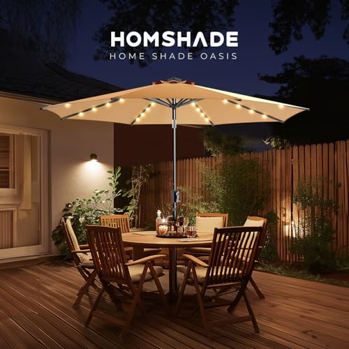 HOMSHADE 9ft Solar Patio Umbrella - Solar Lights LED Lighted Outdoor Market Table Umbrella, UPF50+ UV Protection with Push Button Tilt, Crank for Pool Deck and Garden (Beige)