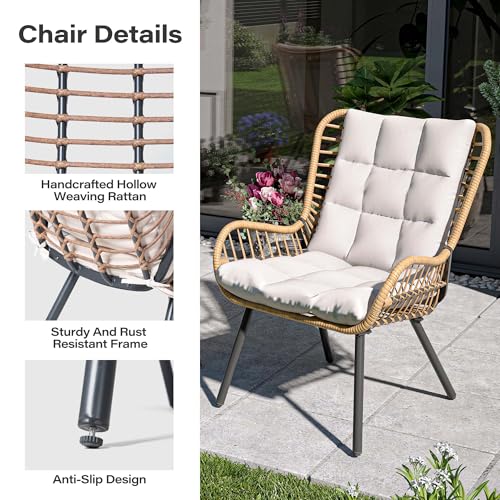 LAUSAINT HOME 3 Piece Outdoor Bistro Set, Small Patio Furniture Set with Coffee Table and Thick Cushions, Front Porch Furniture for Lawn, Garden, Balcony, Poolside, White
