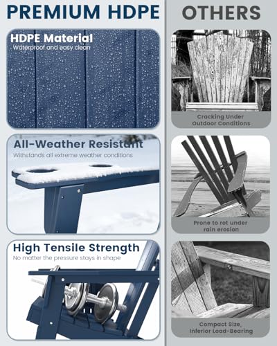 FOOWIN Folding Adirondack Chair Set of 4, HDPE Adirondack Chairs with Cup Holder, Weather Resistant Plastic Fire Pit Chairs for Outdoor, Patio, Lawn, Garden, Backyard, Deck, Dark Blue