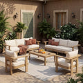 Christopher Knight Home Zunzi 8-Seater Patio Furniture Set with Removable Cushion, 5 Piece Outdoor Acacia Wood Conversation Set, Wooden Outdoor Sectional Sofa Set with Coffee Table, Cream+Light Teak
