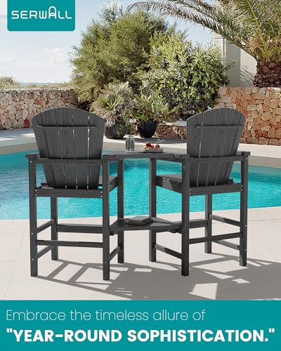 SERWALL Tall Adirondack Chairs Set of 2 with Double Layer Connecting Tray, HDPE Bar Height Outdoor Chairs, Wood-Like Adirondack Bar Stools for Patio, Balcony, Porch, Grey