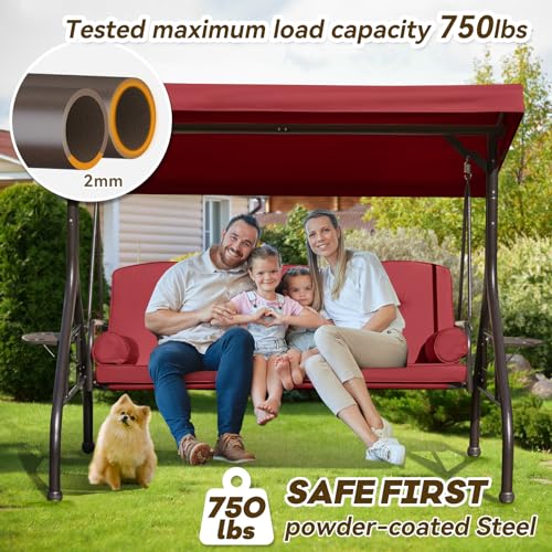 Yalissey 3 in 1 Outdoor Porch Swing with Adjustable Canopy, 3 Seat Outdoor Swing for Adults, Patio Swing Chair with Thickened Cushions,Pillows & Cup Holders for Backyard, Porch, Garden (Wine Red)