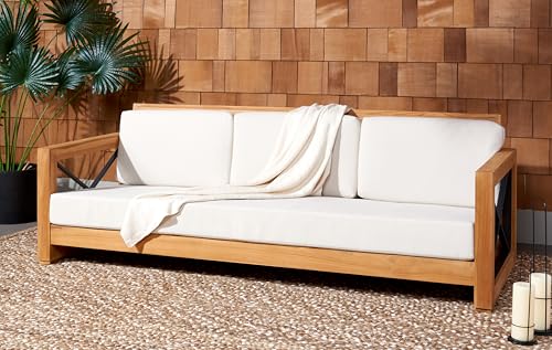 SAFAVIEH Couture Outdoor - Andros Sofa - Brown & Beige - Brazilian Teak Wood - Slatted Design with Removable Cushions - Ideal for Patio, Deck, Porch, Backyard, 16" Seat Height (CPT1010A)