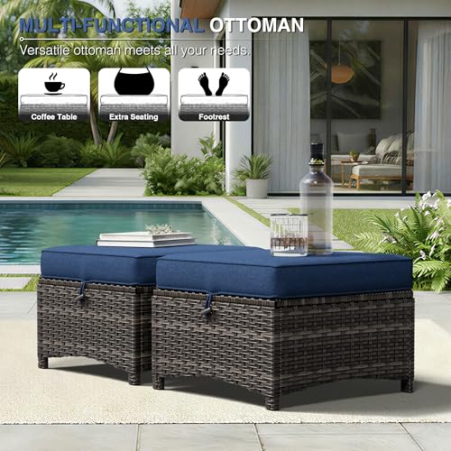 Joyside Outdoor Ottoman Set of 2, Patio Large Ottoman Foot Rest with Thickened Cushions, Outdoor Wicker Foot Stool for Porch, Deck Use