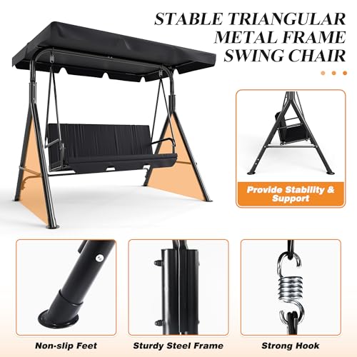 3-Seat Patio Swing Chair,Outdoor Porch Swing with Adjustable Canopy and Durable Steel Frame for Patio, Garden, Poolside (Black)