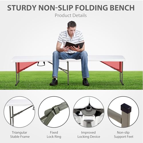 Candockway 6ft Plastic Folding Bench with Carrying Handle & Lock, Portable Outdoor Bench in Garden Picnic Camping Dining Party Seat, Waterproof Bench for Soccer Activities, Firm and Durable (2Pack C)