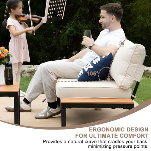 SunloungeCo 5-Person Outdoor Patio Furniture Set, Durable Metal Frame Outdoor Sectional with Wood-Look Table & Waterproof Cushions, All-Weather Conversation Set for Garden, Balcony, Poolside-Beige