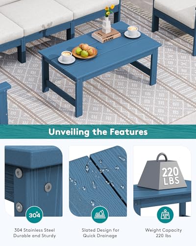 SERWALL HDPE Patio Coffee Table, Rectangle Outdoor Coffee Table, All-Weather Coffee Side Table for Balcony, Poolside, Deck, Garden, Blue